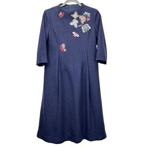 Holiday Dress Womens Size Medium Blue Embroidered Butterfly Wool Blend Boho